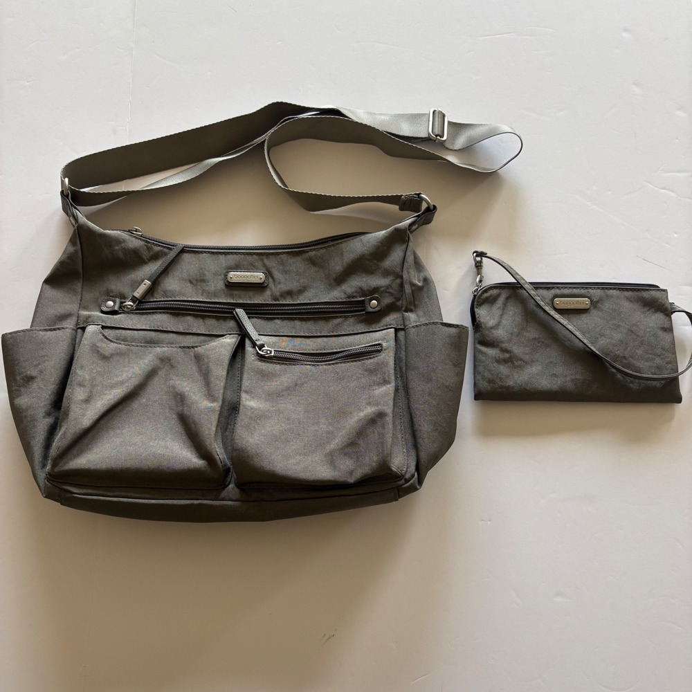 Baggallini Everywhere Crossbody Bag Charcoal Gray Nylon with RFID Wristlet Pouch